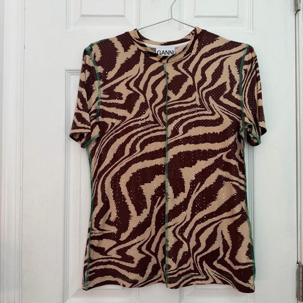 Ganni Brown and Cream Patterned Top with Green Trim Sz 40